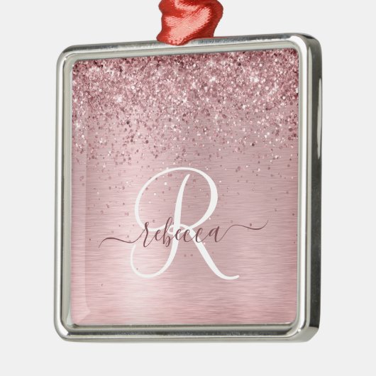 Blush Roze geborsteld metaal Glitter Monogram Naam Metalen Ornament (Links)