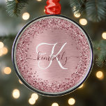 Blush Roze geborsteld metaal Glitter Monogram Naam Metalen Ornament<br><div class="desc">Eenvoudig aan te passen aan dit trendy ornament voor kerstfeestdagen met  zwarte roze mousserende glitter op een lichtroze,  geborstelde metalen achtergrond.</div>