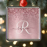 Blush Roze geborsteld metaal Glitter Monogram Naam Metalen Ornament<br><div class="desc">Pas dit trendy ornament eenvoudig aan met een  zwarte roze mousserende glitter op een roze,  geborstelde metalen achtergrond.</div>