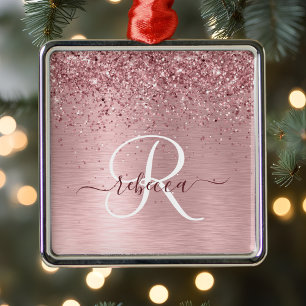Blush Roze geborsteld metaal Glitter Monogram Naam Metalen Ornament