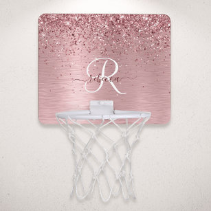 Blush Roze geborsteld metaal Glitter Monogram Naam Mini Basketbalbord