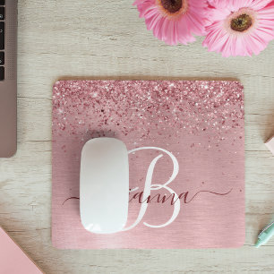 Blush Roze geborsteld metaal Glitter Monogram Naam Muismat
