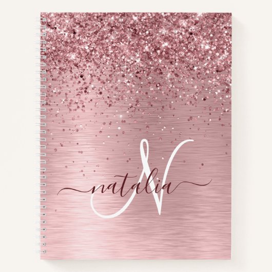 Blush Roze geborsteld metaal Glitter Monogram Naam Notitieboek (Voorkant)