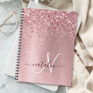 Blush Roze geborsteld metaal Glitter Monogram Naam Notitieboek