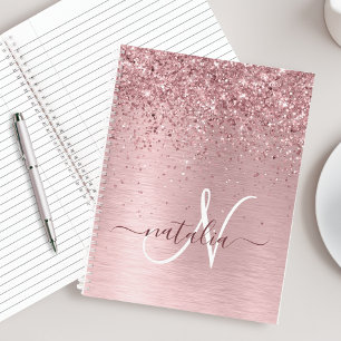 Blush Roze geborsteld metaal Glitter Monogram Naam Notitieboek