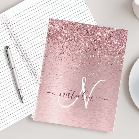 Blush Roze geborsteld metaal Glitter Monogram Naam Notitieboek