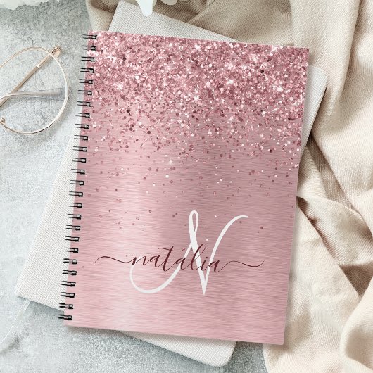 Blush Roze geborsteld metaal Glitter Monogram Naam Notitieboek