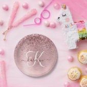Blush Roze geborsteld metaal Glitter Monogram Naam Papieren Bordje (Feest)