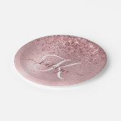 Blush Roze geborsteld metaal Glitter Monogram Naam Papieren Bordje (Gekanteld)