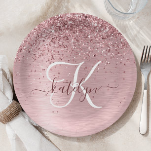 Blush Roze geborsteld metaal Glitter Monogram Naam Papieren Bordje