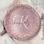 Blush Roze geborsteld metaal Glitter Monogram Naam Papieren Bordje<br><div class="desc">Pas dit trendy bord van papier eenvoudig aan met  zwarte roze mousserende glitter op een blote roze geborstelde metalen achtergrond.</div>