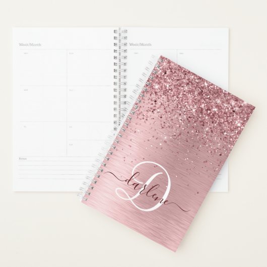 Blush Roze geborsteld metaal Glitter Monogram Naam Planner (Display)
