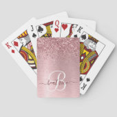 Blush Roze geborsteld metaal Glitter Monogram Naam Pokerkaarten (Achterkant)