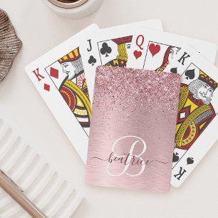 Blush Roze geborsteld metaal Glitter Monogram Naam Pokerkaarten