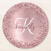 Blush Roze geborsteld metaal Glitter Monogram Naam Ronde Kartonnen Onderzetter (Voorkant)