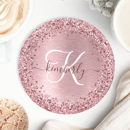Blush Roze geborsteld metaal Glitter Monogram Naam Ronde Kartonnen Onderzetter
