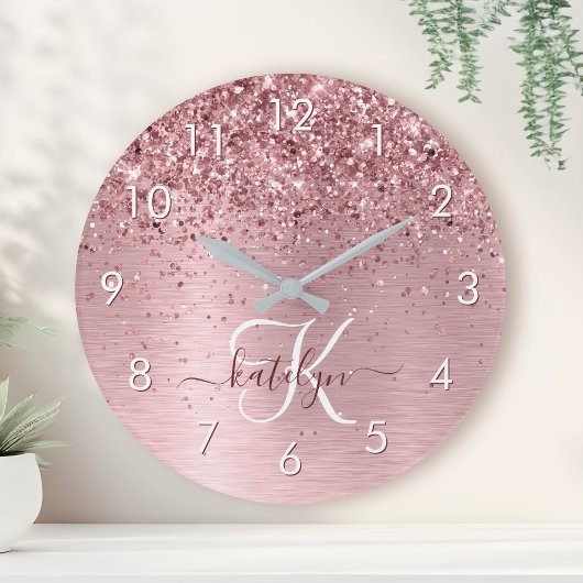 Blush Roze geborsteld metaal Glitter Monogram Naam Ronde Klok