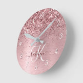 Blush Roze geborsteld metaal Glitter Monogram Naam Ronde Klok (Hoek)