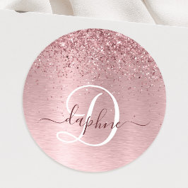 Blush Roze geborsteld metaal Glitter Monogram Naam Ronde Sticker