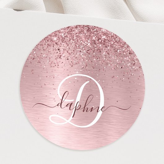 Blush Roze geborsteld metaal Glitter Monogram Naam Ronde Sticker