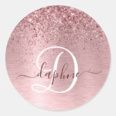 Blush Roze geborsteld metaal Glitter Monogram Naam Ronde Sticker (Voorkant)