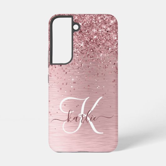 Blush Roze geborsteld metaal Glitter Monogram Naam Samsung Galaxy Hoesje (Achterkant)