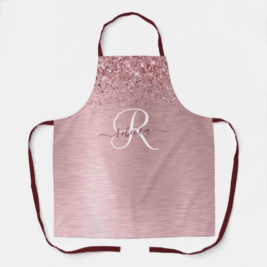 Blush Roze geborsteld metaal Glitter Monogram Naam Schort (Voorkant)