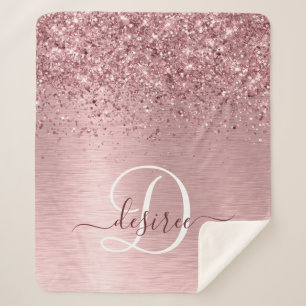 Blush Roze geborsteld metaal Glitter Monogram Naam Sherpa Deken