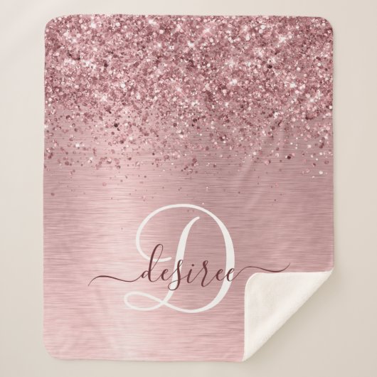 Blush Roze geborsteld metaal Glitter Monogram Naam Sherpa Deken (Voorkant)
