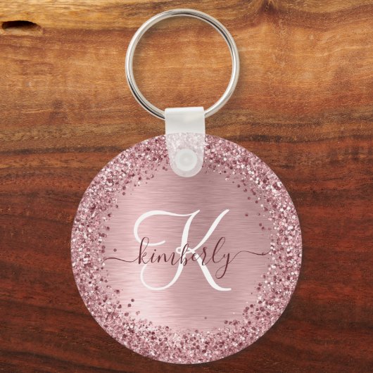 Blush Roze geborsteld metaal Glitter Monogram Naam Sleutelhanger (Voorkant)