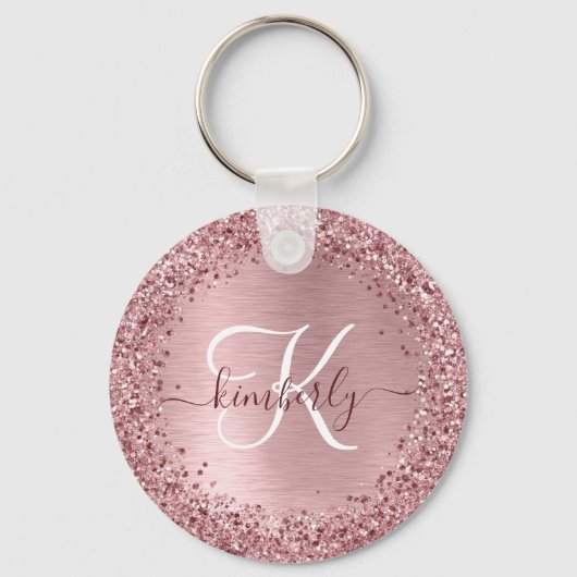 Blush Roze geborsteld metaal Glitter Monogram Naam Sleutelhanger (Achterkant)