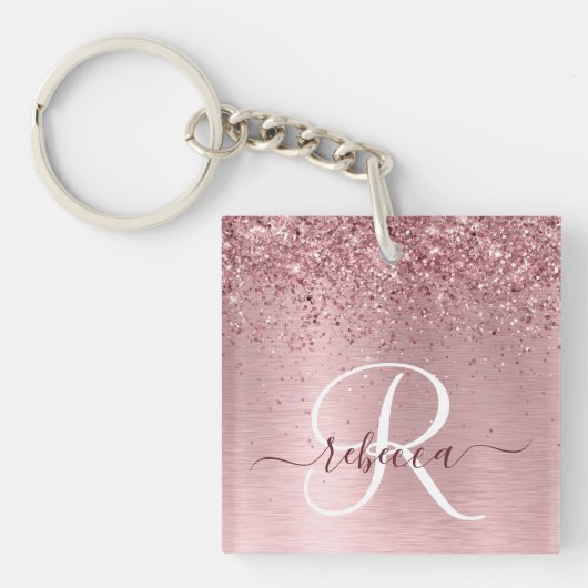 Blush Roze geborsteld metaal Glitter Monogram Naam Sleutelhanger (Voorkant)