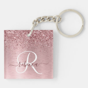 Blush Roze geborsteld metaal Glitter Monogram Naam Sleutelhanger