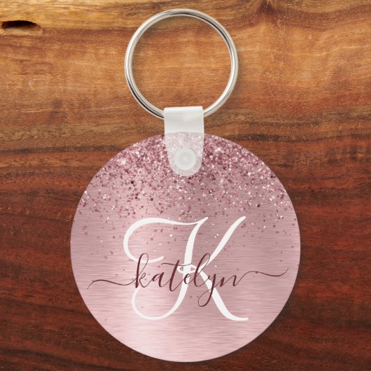 Blush Roze geborsteld metaal Glitter Monogram Naam Sleutelhanger (Voorkant)