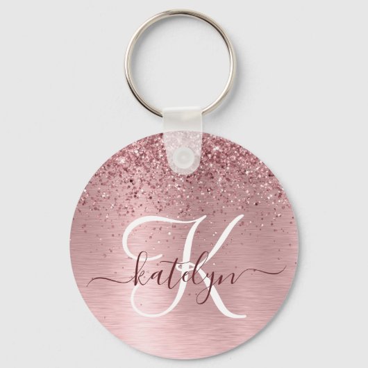 Blush Roze geborsteld metaal Glitter Monogram Naam Sleutelhanger (Achterkant)