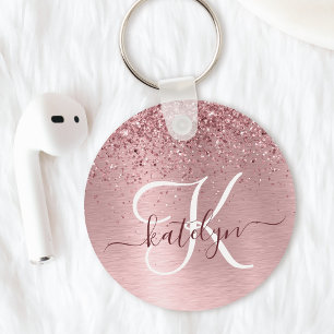 Blush Roze geborsteld metaal Glitter Monogram Naam Sleutelhanger