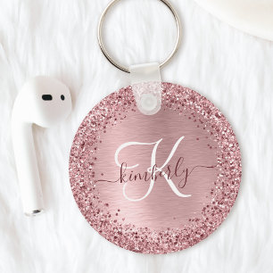 Blush Roze geborsteld metaal Glitter Monogram Naam Sleutelhanger
