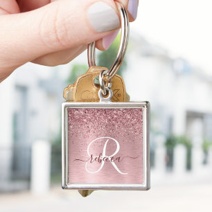 Blush Roze geborsteld metaal Glitter Monogram Naam Sleutelhanger