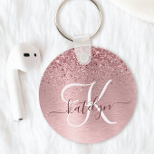 Blush Roze geborsteld metaal Glitter Monogram Naam Sleutelhanger