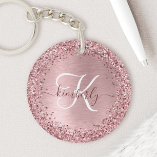 Blush Roze geborsteld metaal Glitter Monogram Naam Sleutelhanger