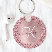 Blush Roze geborsteld metaal Glitter Monogram Naam Sleutelhanger