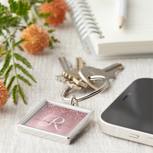 Blush Roze geborsteld metaal Glitter Monogram Naam Sleutelhanger (Zijkant)