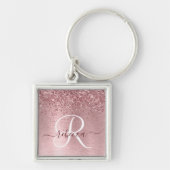 Blush Roze geborsteld metaal Glitter Monogram Naam Sleutelhanger (Voorkant)