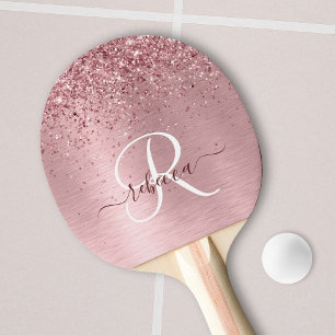 Blush Roze geborsteld metaal Glitter Monogram Naam Tafeltennisbatje