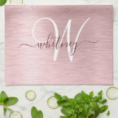 Blush Roze geborsteld metaal Glitter Monogram Naam Theedoek (Gevouwen)