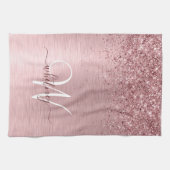Blush Roze geborsteld metaal Glitter Monogram Naam Theedoek (Horizontaal)