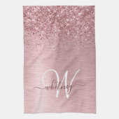 Blush Roze geborsteld metaal Glitter Monogram Naam Theedoek (Verticaal)
