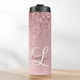 Blush Roze geborsteld metaal Glitter Monogram Naam Thermosbeker