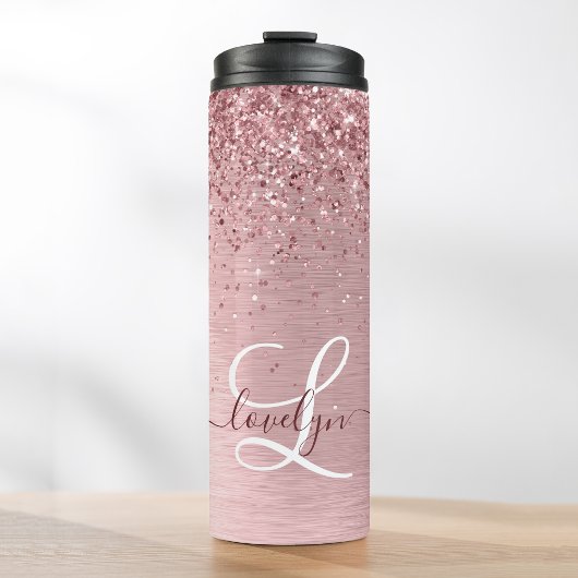 Blush Roze geborsteld metaal Glitter Monogram Naam Thermosbeker