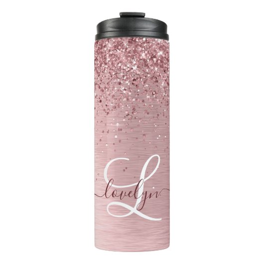 Blush Roze geborsteld metaal Glitter Monogram Naam Thermosbeker (Voorkant)
